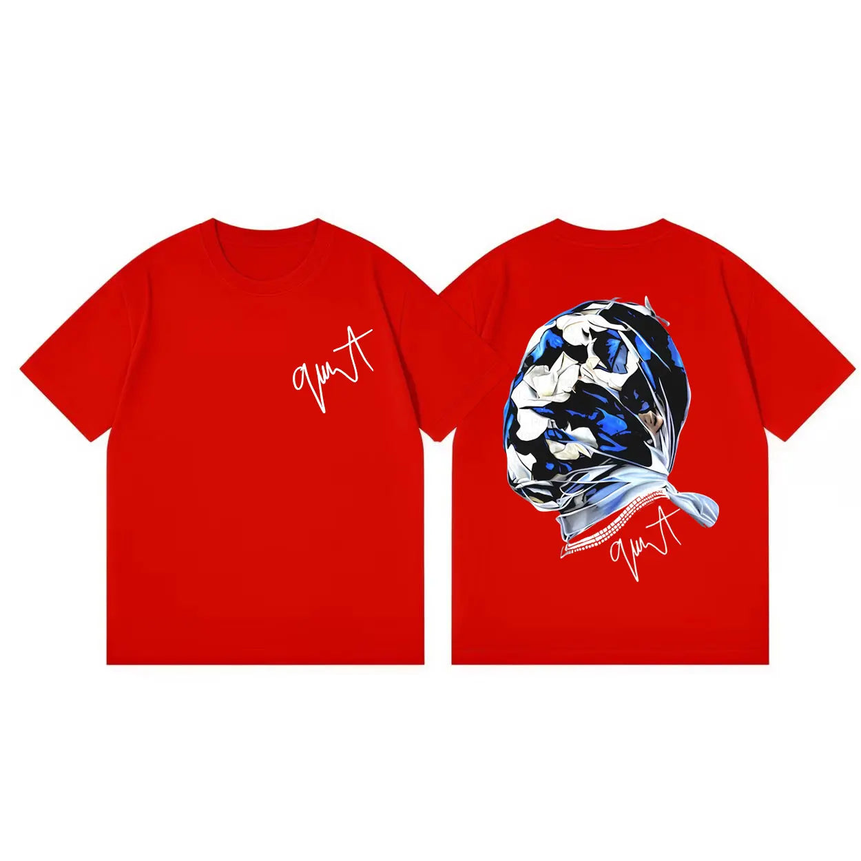 Red cotton rapper gunna album t-shirt with white cursive signature front and blue fabric graphic back fashion hip hop merch