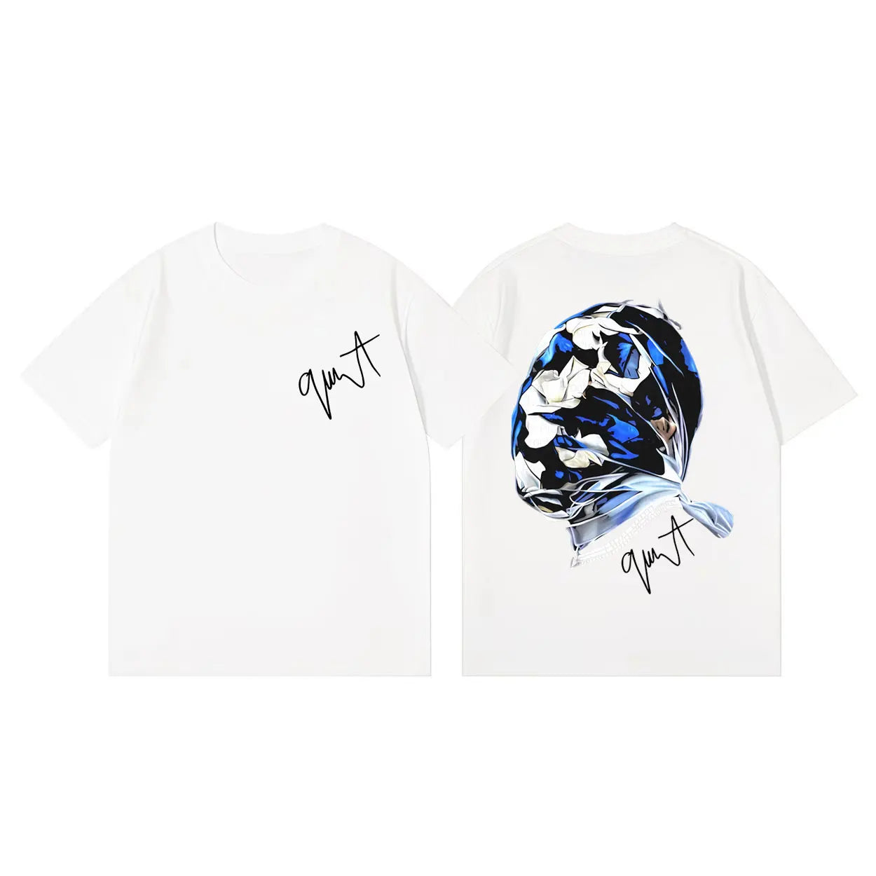White short sleeve t-shirt with bold blue and black abstract graphic on back featuring gunna album merch branding
