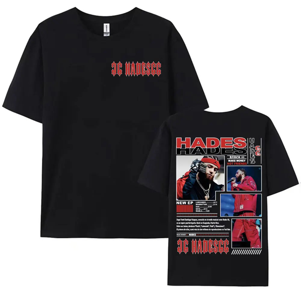 Black short sleeve t-shirt with red rapper hades vintage hip hop graphic for hip hop street style in 2025 tour design