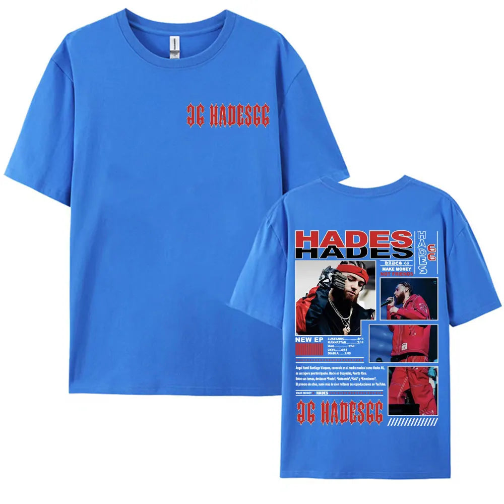 Blue short-sleeved t-shirt with vintage hip hop rapper hades 66 graphic print for hip hop street style fans