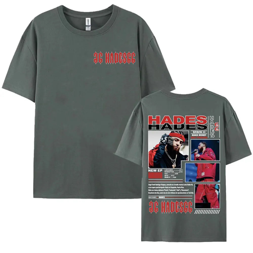 Dark gray short-sleeved t-shirt featuring a red rapper hades graphic print for vintage hip hop street style
