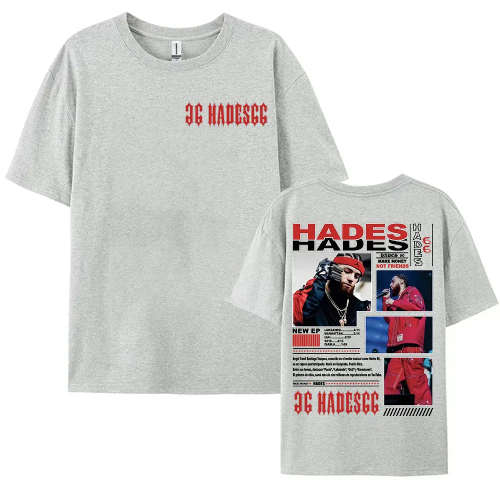Gray short-sleeved vintage hip hop t-shirt featuring red 3c hades graphic front and detailed rapper hades print back
