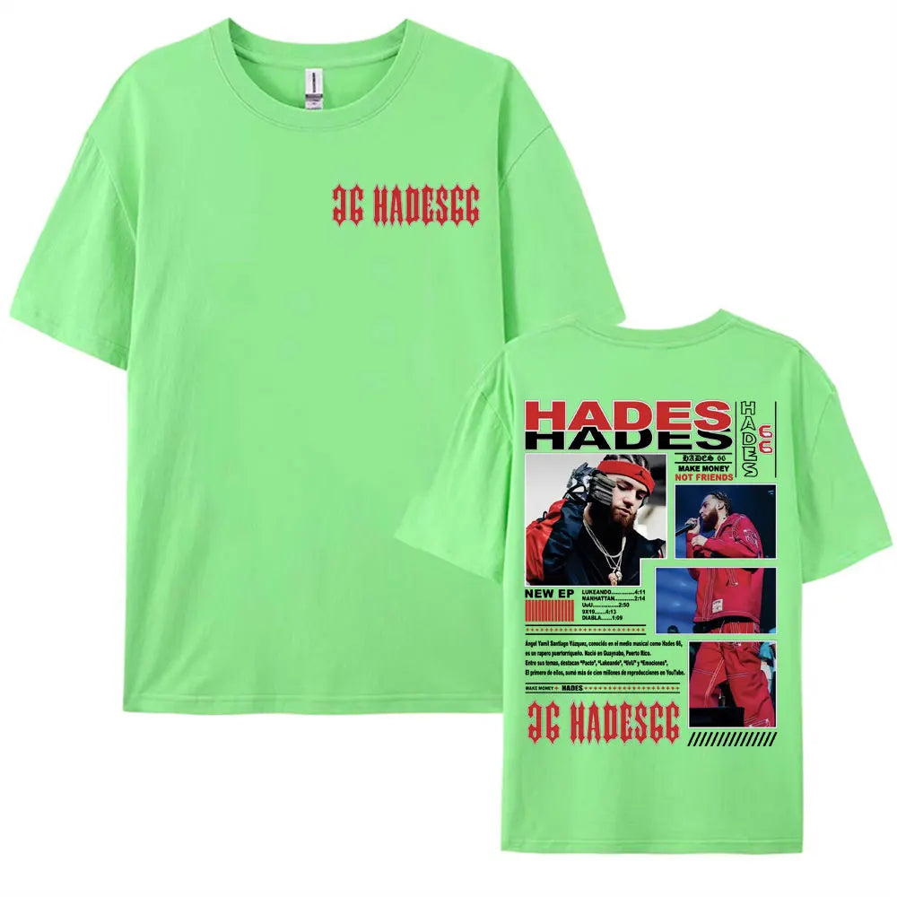 A vibrant lime green short-sleeved t-shirt featuring rapper hades vintage hip hop graphic for hip hop street style