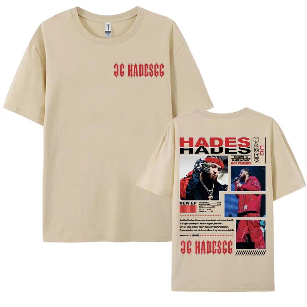 Beige short sleeve vintage hip hop t shirt with red jc hades text and rapper hades graphic for hip hop street style