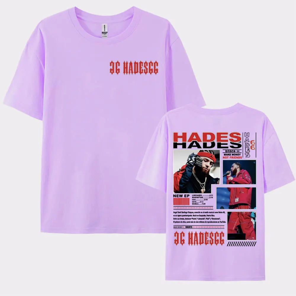 Light purple short sleeve vintage hip hop t shirt featuring rapper hades graphic print with red text accents front and back