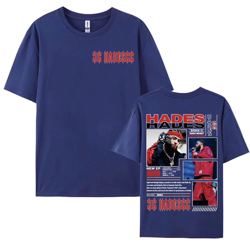 Navy blue short-sleeved vintage hip hop t-shirt featuring rapper hades graphic for hip hop street style