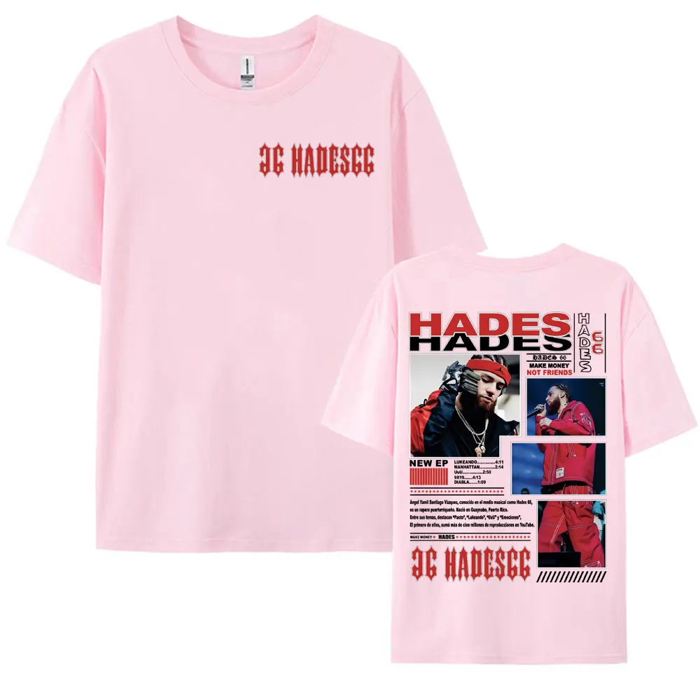 Pink short-sleeved t-shirt featuring rapper hades graphic print with red black text vintage hip hop street style