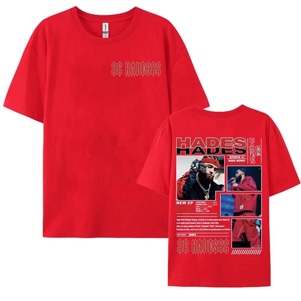 Red cotton t-shirt featuring a graphic print of rapper hades on the back vintage hip hop streetwear design