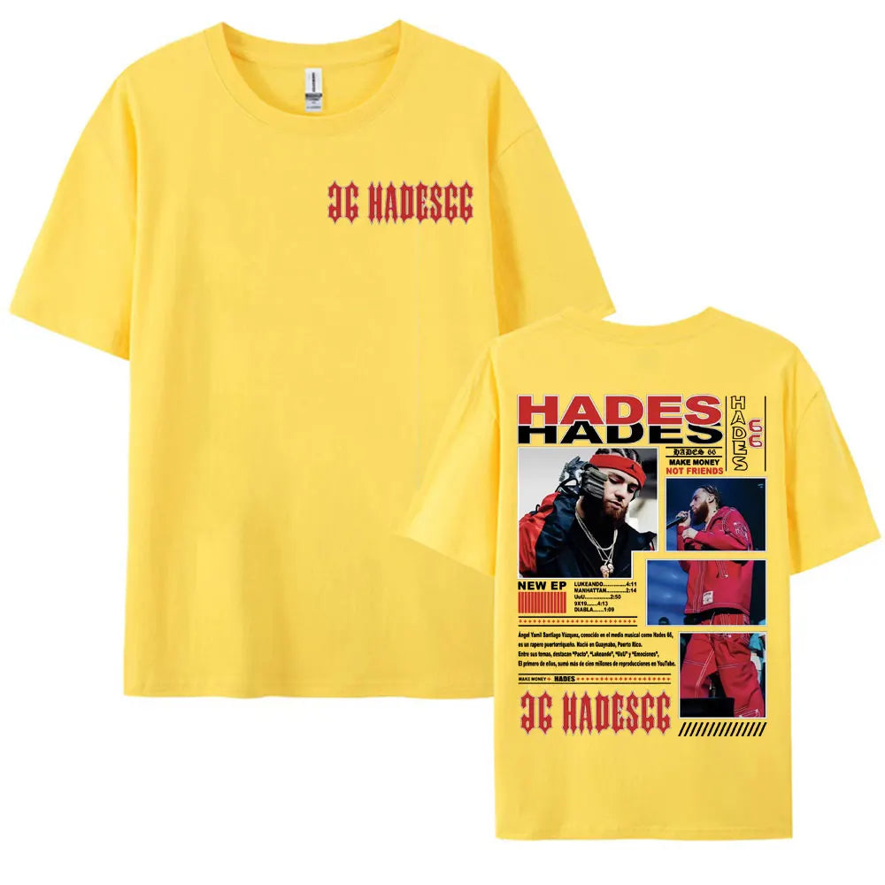 Bright yellow short sleeve vintage hip hop t-shirt featuring rapper hades 3c graphic front and detailed back print
