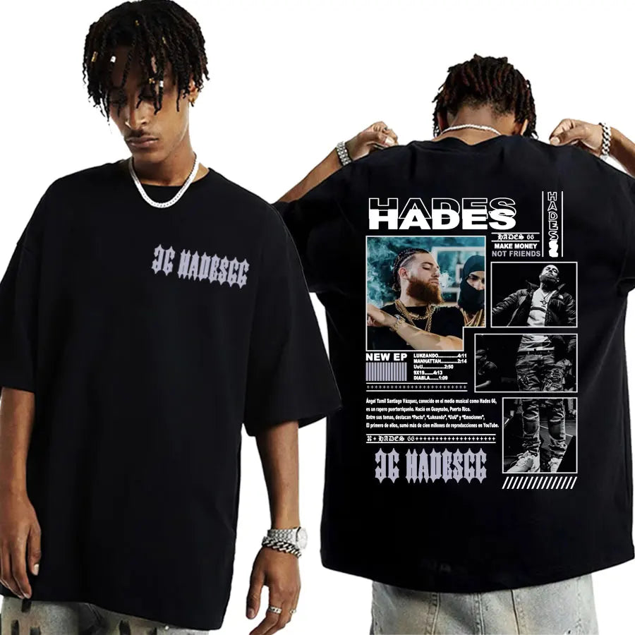 Black oversized 100 percent cotton t-shirt with white rapper hades friends album cover graphic for fashion hip hop fans
