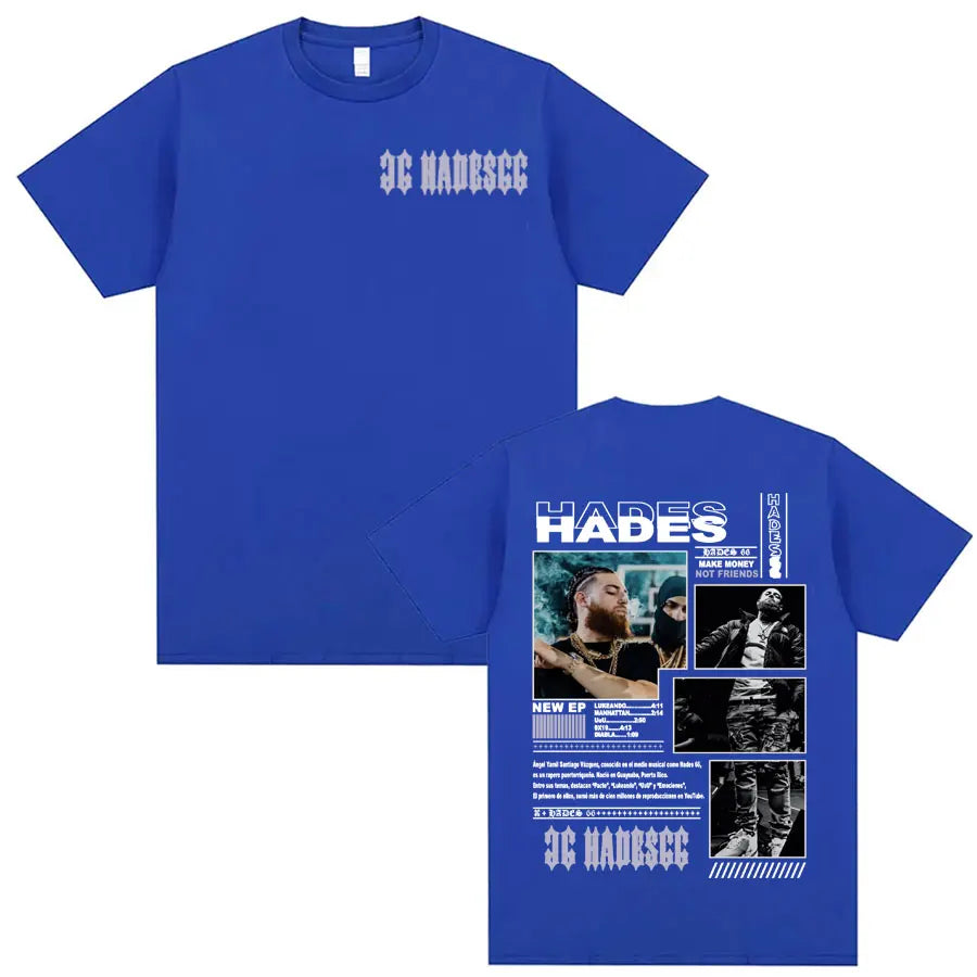 Royal blue cotton t-shirt featuring rapper Hades graphic from Make Money Not Friends friends album cover fashion hip hop