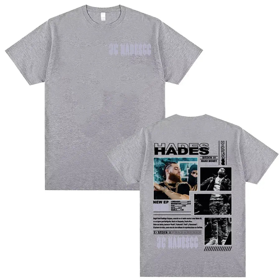 Back of gray heathered 100 percent cotton t-shirt with rapper hades friends album cover print fashion hip hop design