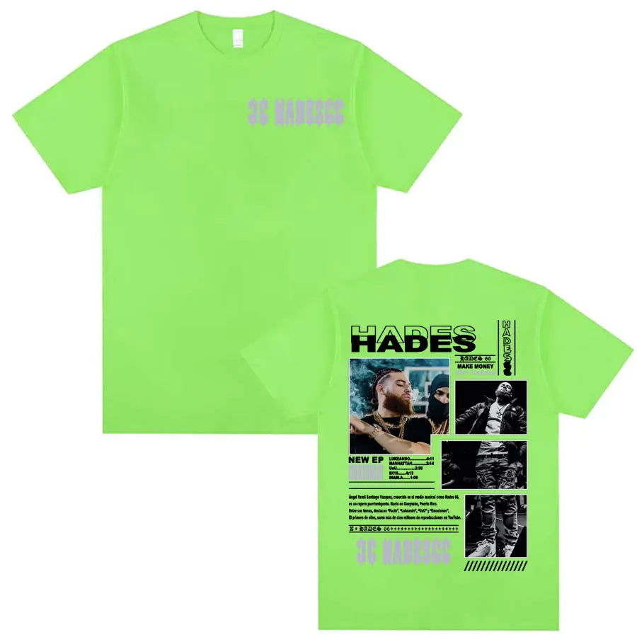 Bright neon green cotton short sleeve t-shirt with rapper hades friends album cover graphic print on back fashion hip hop
