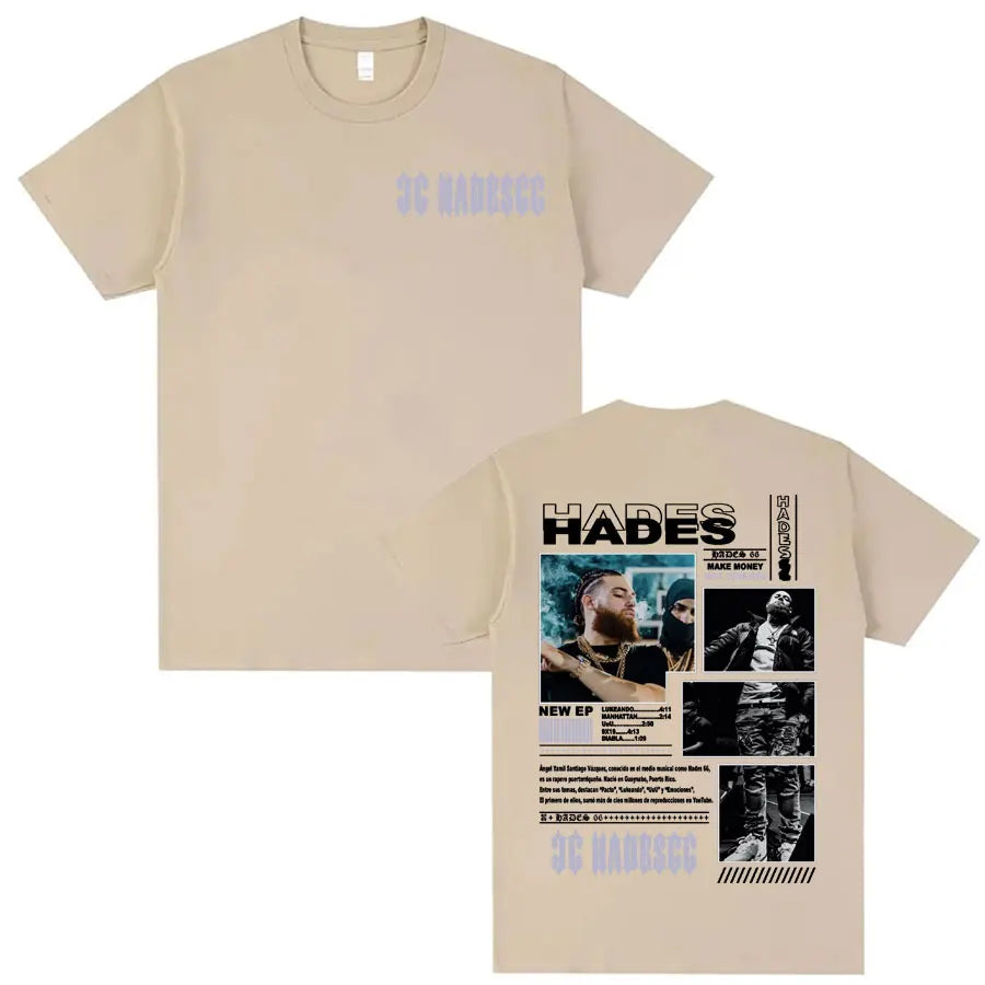 Beige short-sleeved 100% cotton t-shirt showing the back with rapper hades friends album cover fashion hip hop print