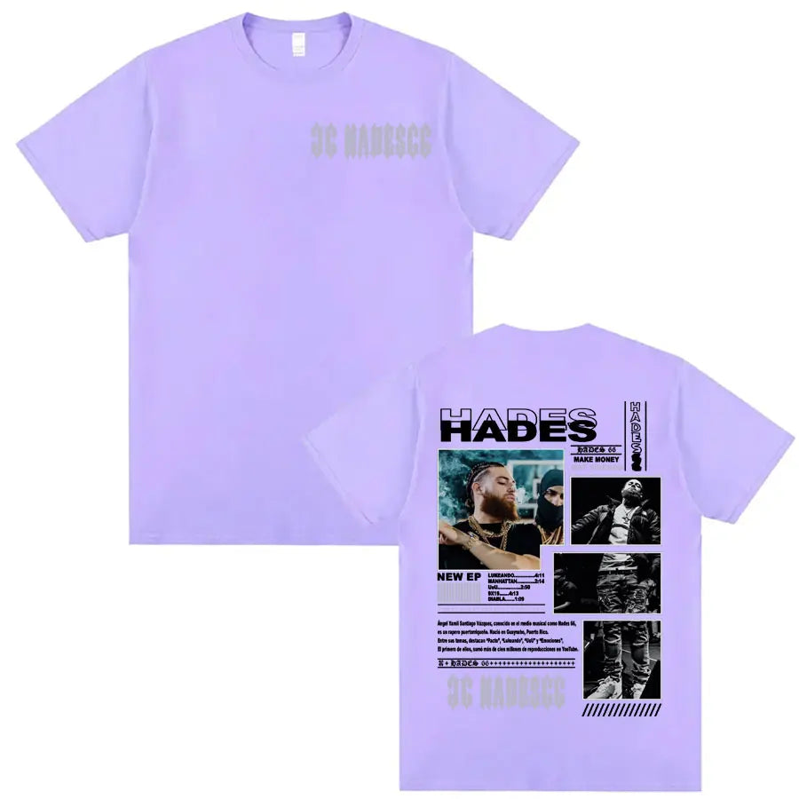 Lavender short sleeve 100% cotton t-shirt with rapper Hades graphic print from friends album cover fashion hip hop style