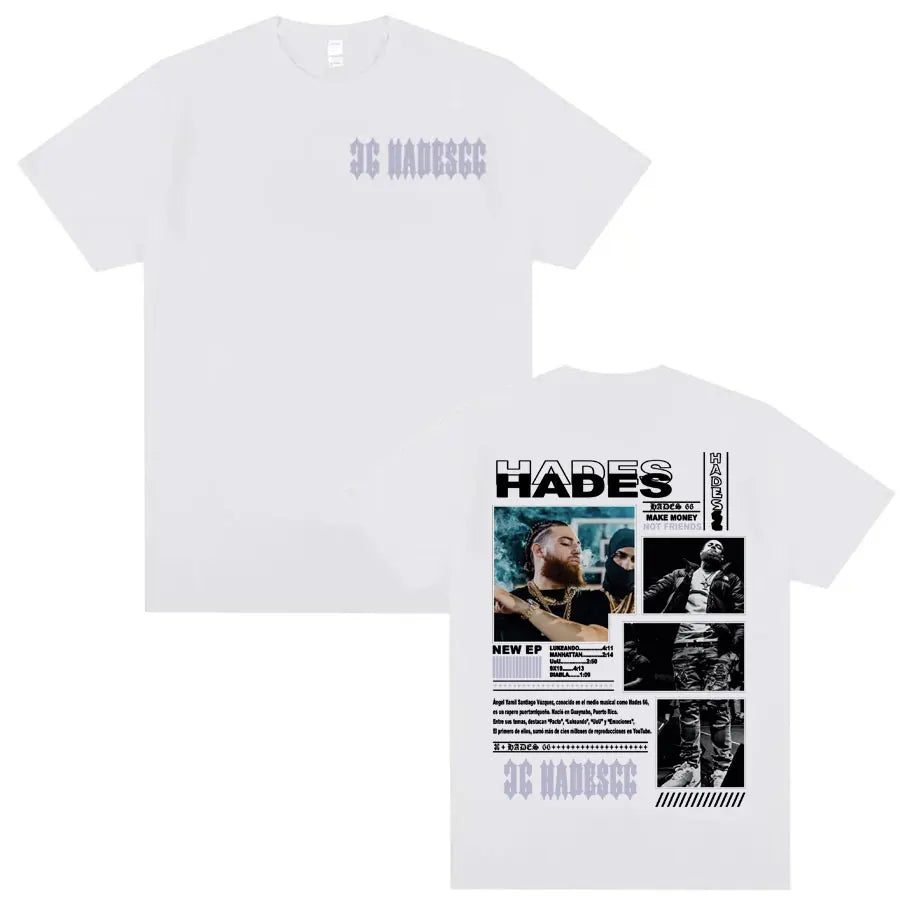 White cotton t-shirt featuring black and gray rapper hades graphic from friends album cover in fashion hip hop style