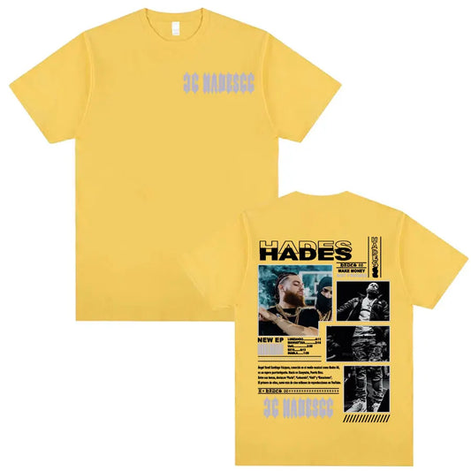 Yellow short-sleeved 100% cotton t-shirt with rapper hades graphic print from friends album cover for fashion hip hop fans