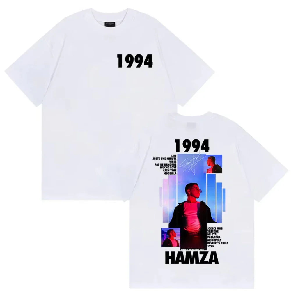 White cotton short sleeve graphic t shirt featuring rapper hamza 1994 tour album print with red lighting images