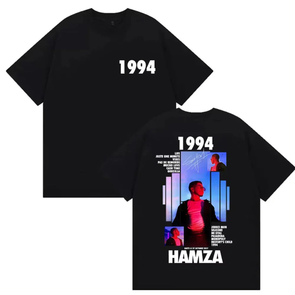 Black cotton graphic t shirt featuring rapper hamza 1994 tour album print with short sleeves and hip hop style
