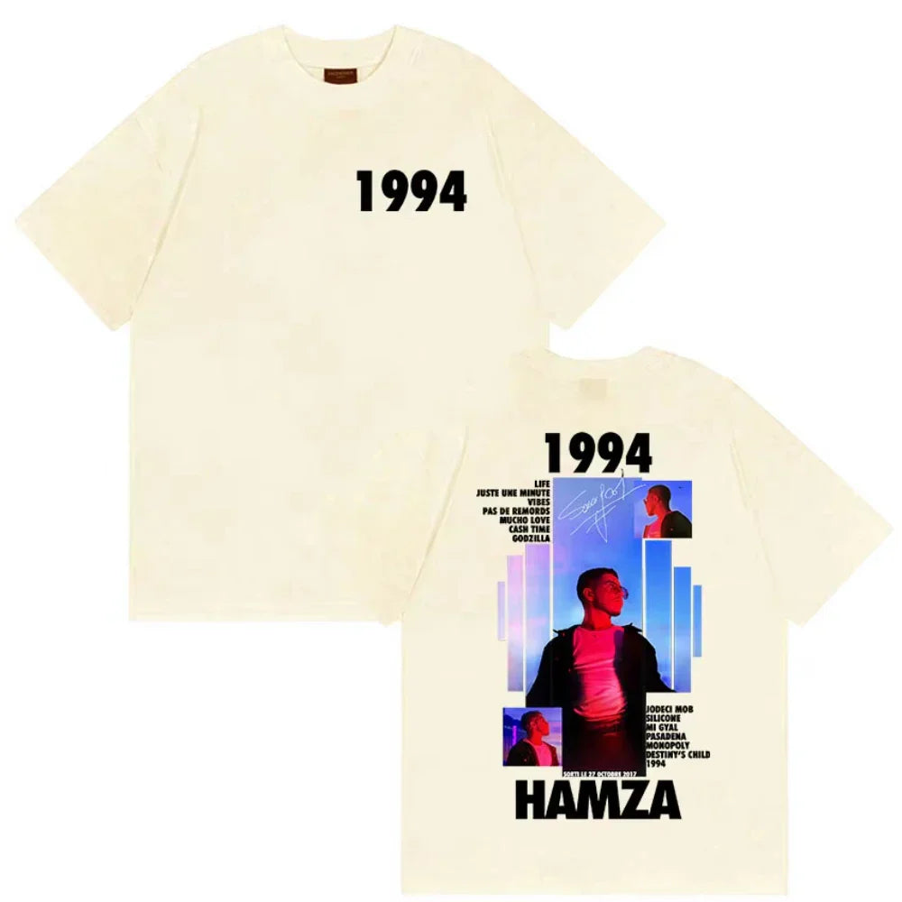Cream-colored cotton graphic t shirt featuring rapper hamza 1994 tour album print with bold text and artistic design