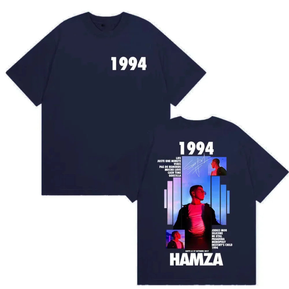Navy blue cotton graphic t shirt featuring rapper hamza 1994 tour album print with song titles from 2017 album