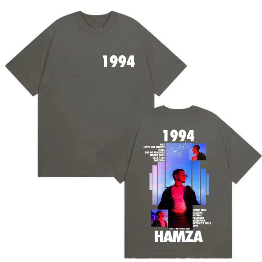 Dark gray cotton graphic t shirt featuring 1994 front print and rapper hamza tour album design on the back