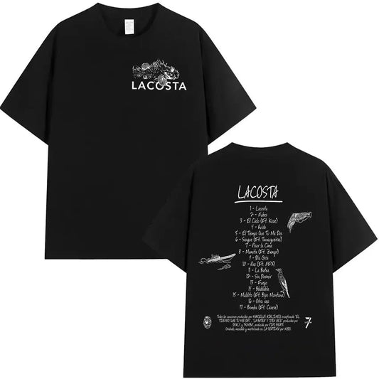 Black lacosta cotton t-shirt with white fish and bird graphics and song titles on the back for hip hop streetwear