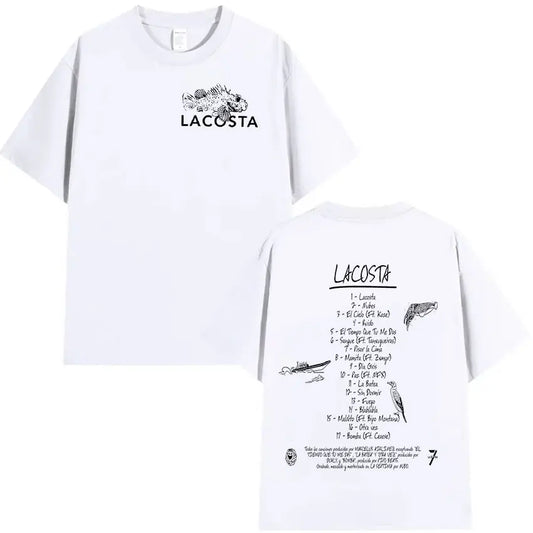 White lacosta cotton t-shirt with black fish skeleton front and detailed tracklist back for rapper hard gz 2025 album