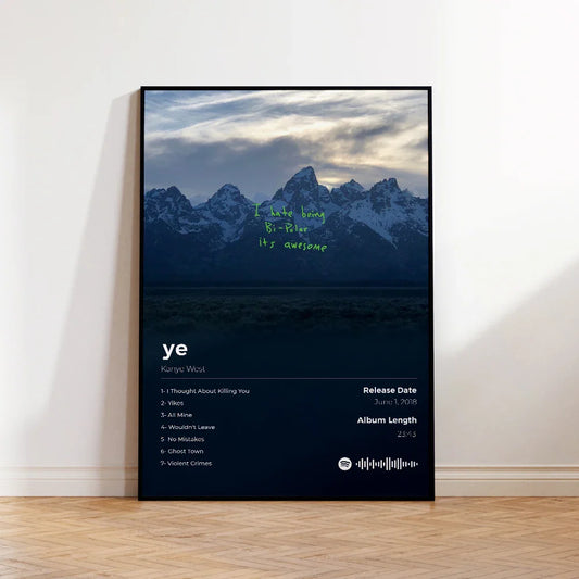 Black-framed kanye west ye album poster with snowy mountain landscape and green text for stylish home decor wall art