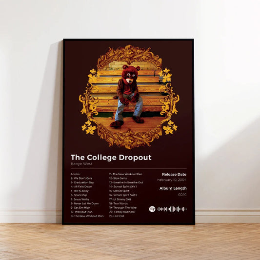 A framed canvas print poster of kanye west college dropout album with brown bear mascot and gold floral borders for home decor