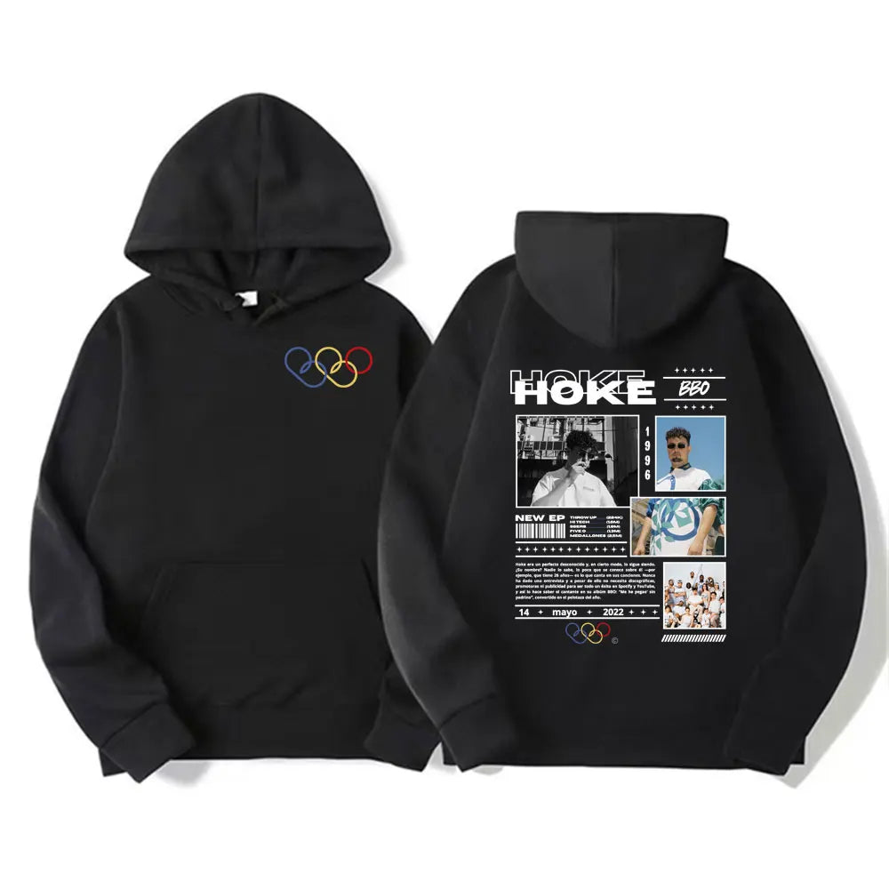 Black hoodie featuring colorful olympic ring logo on front and detailed graphic back for rapper hoke bbo album tour cover hoodie pullover high quality