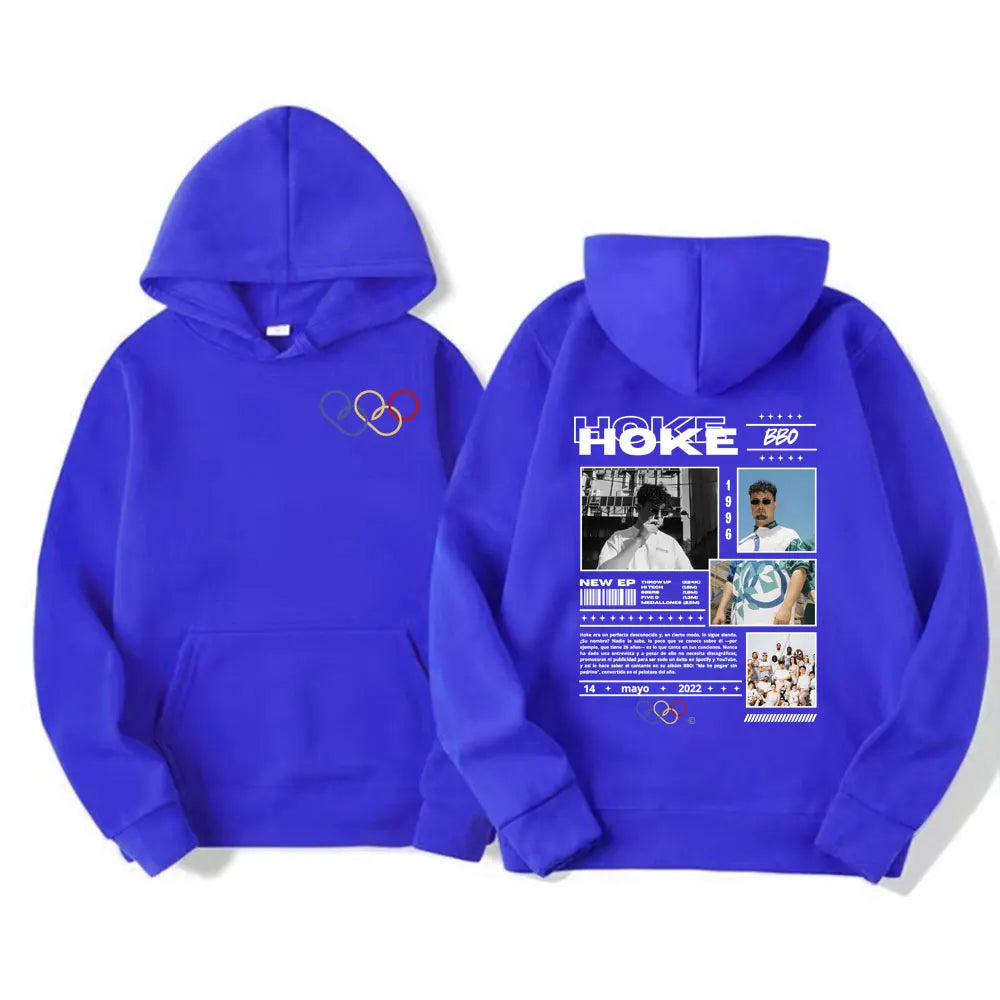 Vibrant royal blue pullover high quality tour cover hoodie for rapper hoke bbo album featuring graphic design on back