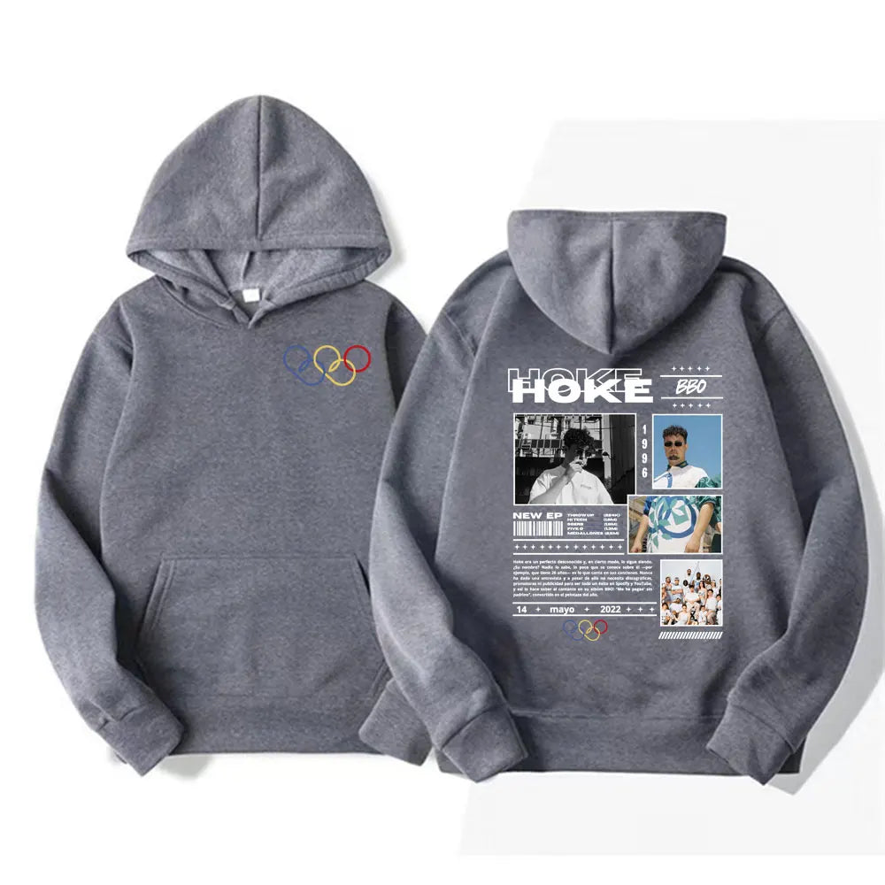 Back view of gray rapper hoke bbo album tour cover hoodie with graphic print and olympic rings pullover high quality design