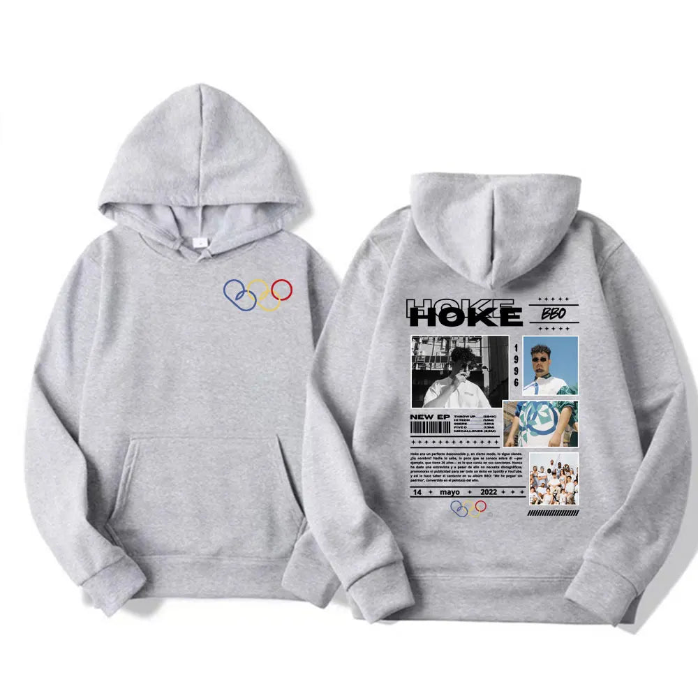 Gray hoodie with graphic print front and back featuring rapper hoke bbo album tour cover pullover high quality design