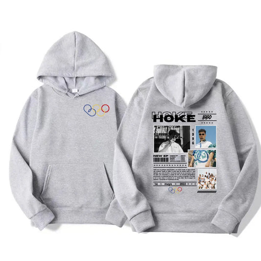 Gray hoodie with graphic print front and back featuring rapper hoke bbo album tour cover pullover high quality design