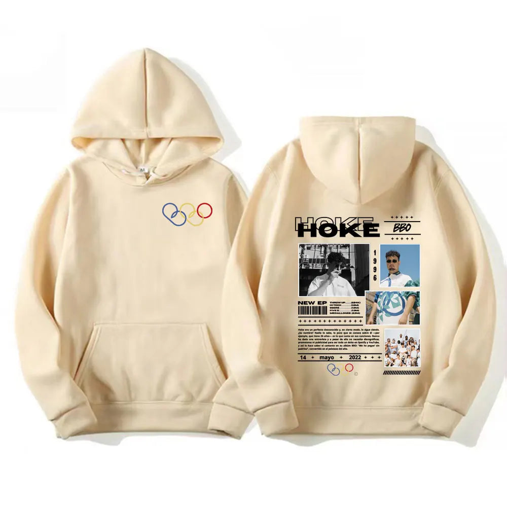 Beige pullover high quality rapper hoke bbo album tour cover hoodie with olympic rings chest graphic and detailed back print
