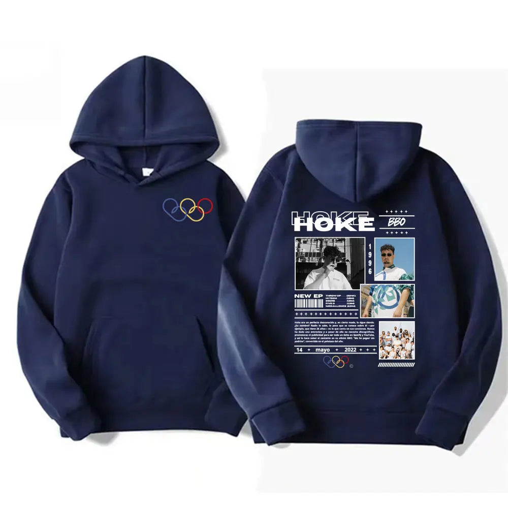 Navy blue pullover high quality rapper Hoke Bbo album tour cover hoodie with Olympic rings and graphic back print