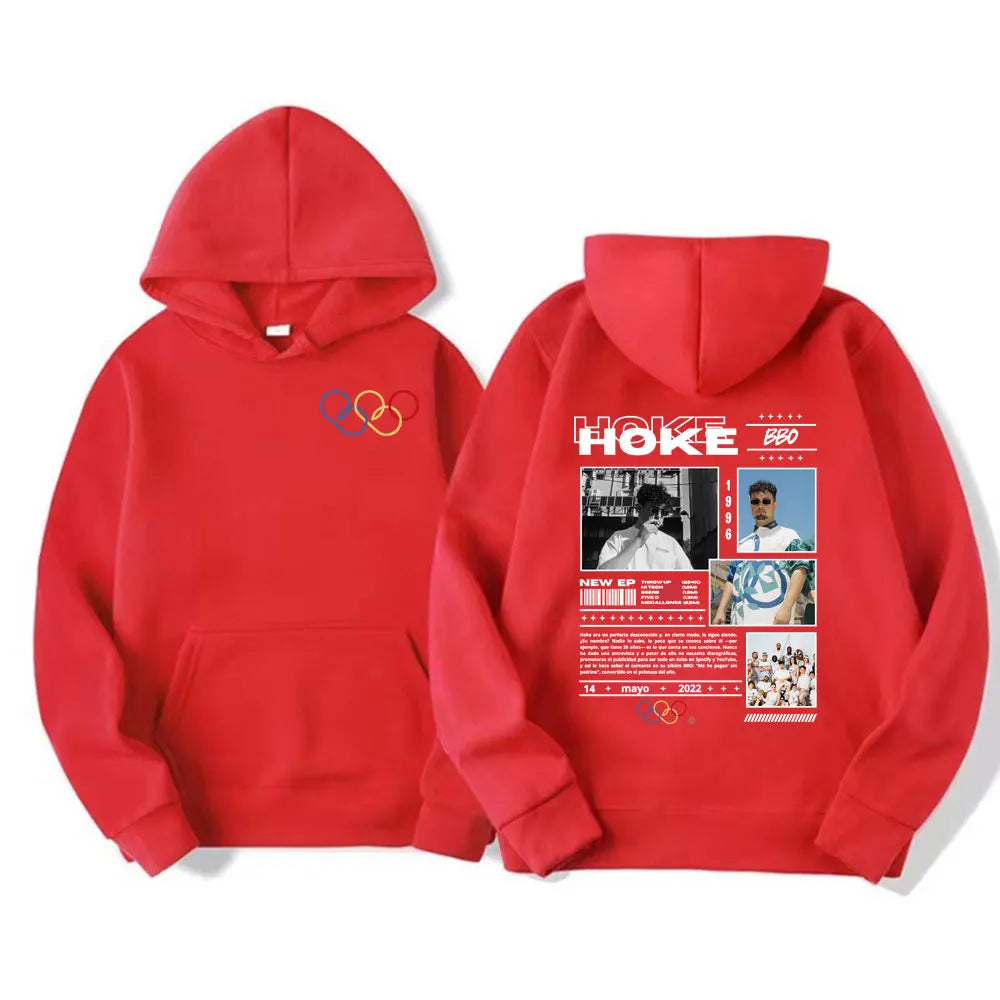 Red hoodie pullover high quality with rapper hoke bbo album graphic and olympic rings tour cover hoodie front and back view