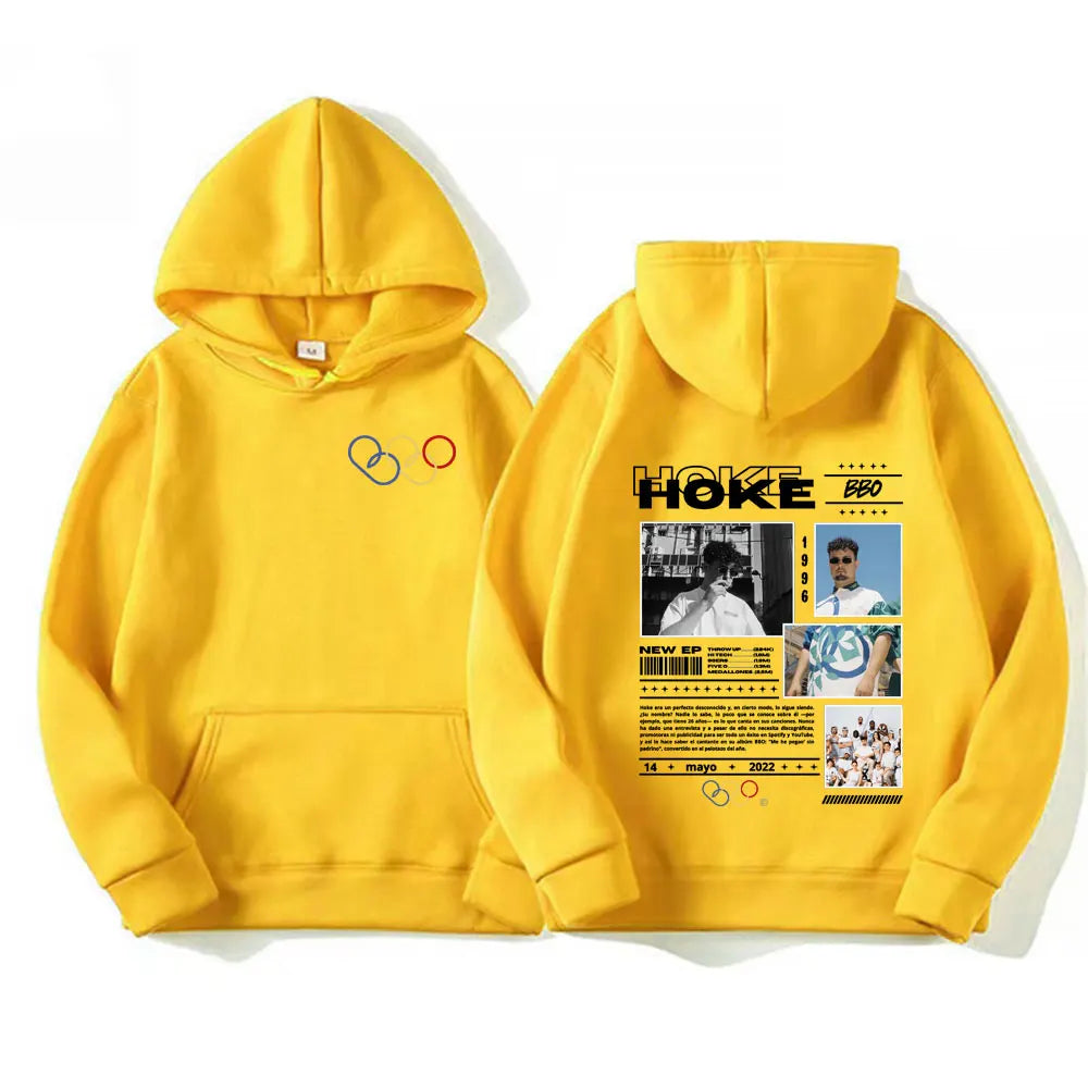 Bright yellow rapper HOKE Bbo album tour cover hoodie back design with text photos and front embroidered circles pullover high quality