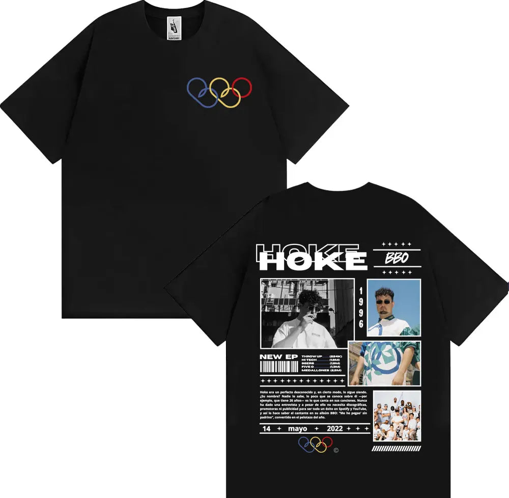 Black short-sleeved rapper hoke bbo album t-shirt with graphic white text and olympic rings for unisex fashion casual clothing hip hop