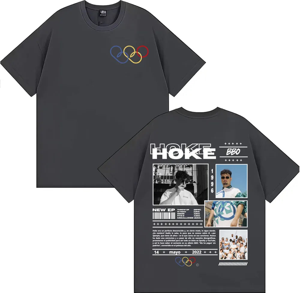 Dark gray oversized rapper hoke bbo album t shirt featuring colorful olympic rings and detailed graphic print on back unisex fashion casual clothing hip hop