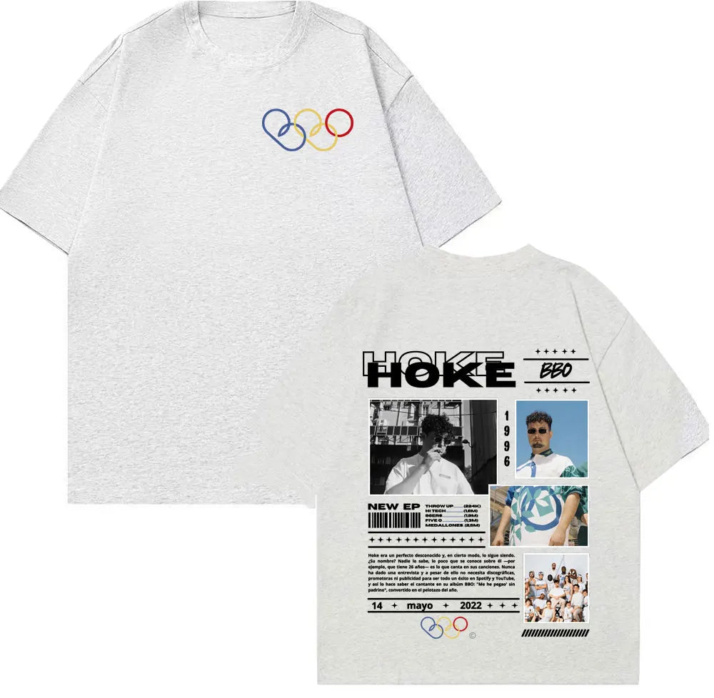 White cotton rapper hoke bbo album t-shirt with olympic rings front and photo collage back for unisex fashion casual hip hop clothing
