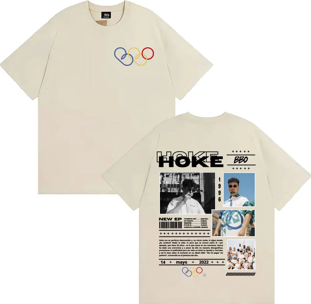 Beige short-sleeved rapper hoke bbo album t-shirt with olympic rings front graphic and back photos text for unisex fashion casual clothing hip hop