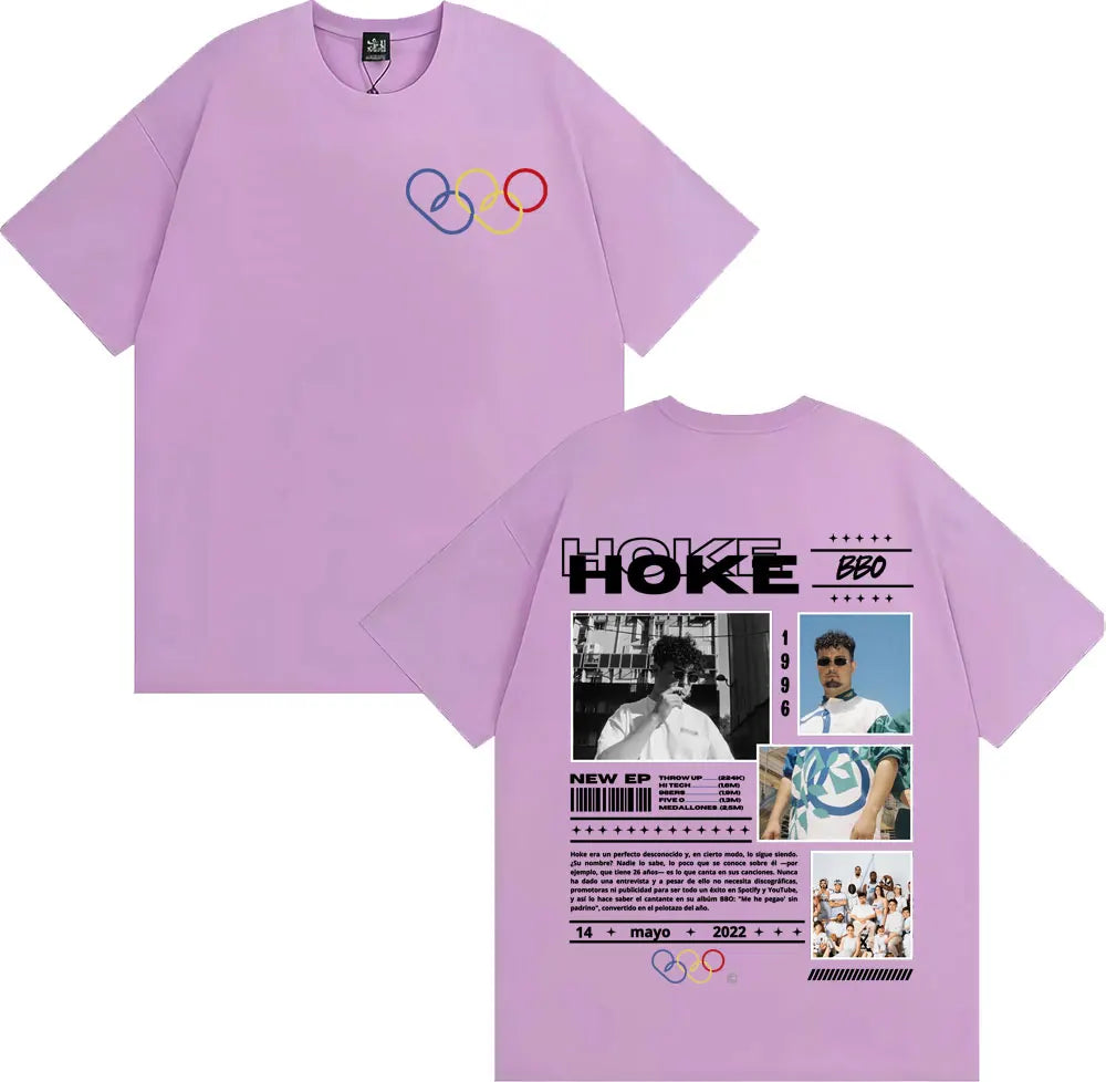 Lavender-colored short-sleeved t-shirt featuring olympic rings graphic from rapper hoke bbo album clothing hip hop unisex fashion casual