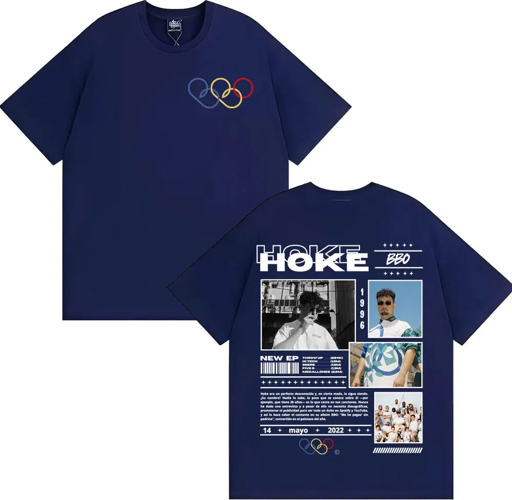 Navy blue short-sleeved t-shirt featuring minimalist olympic rings front and rapper hoke bbo album collage back clothing hip hop unisex fashion casual