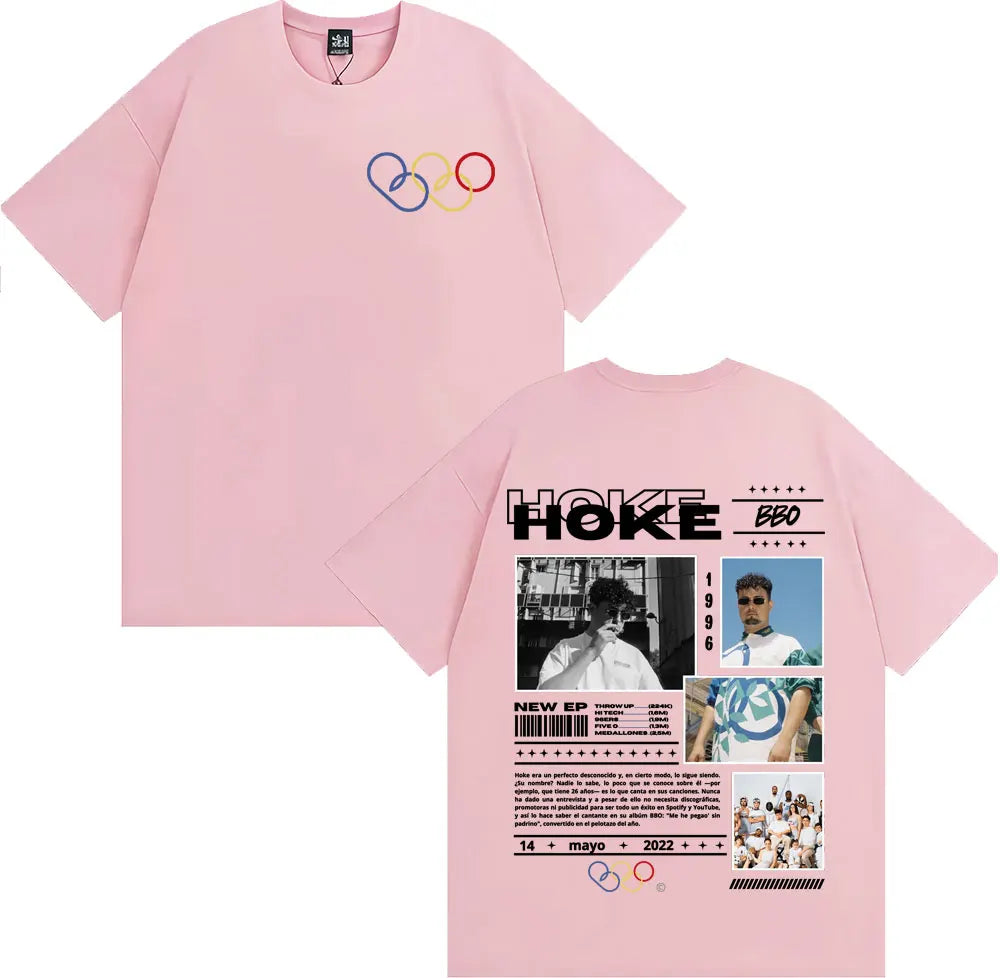 Pink rapper hoke bbo album t-shirt with olympic rings graphic, unisex fashion casual hip hop clothing for men