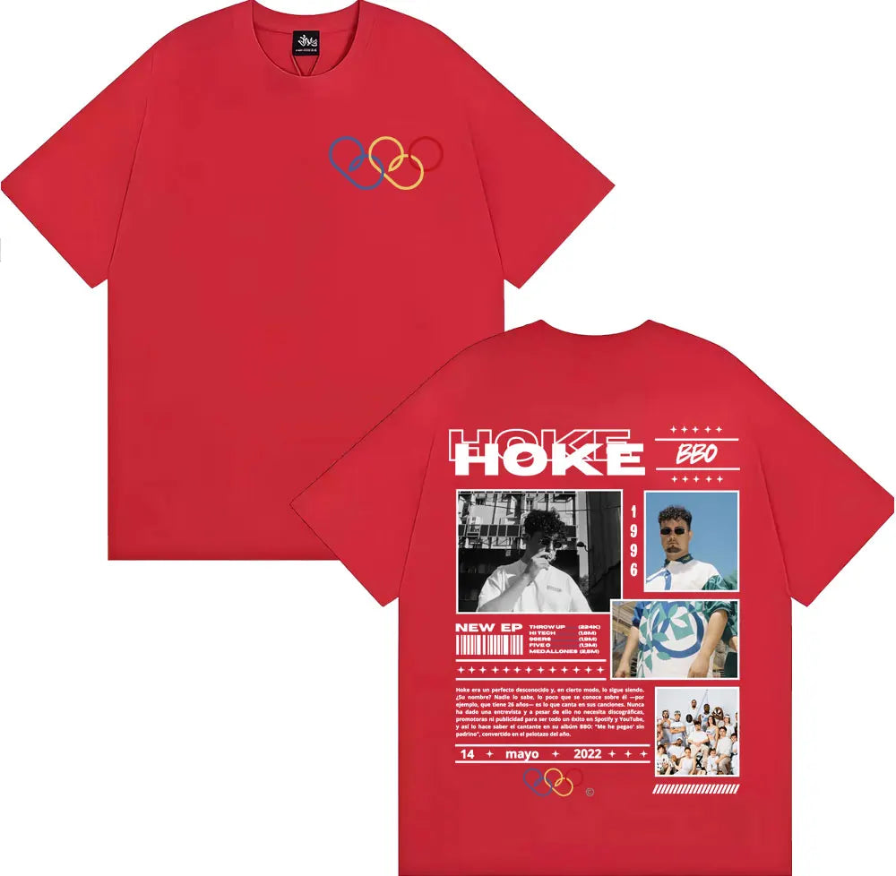 Red unisex fashion casual t shirt with olympic rings graphic front and rapper hoke bbo album tour collage back design