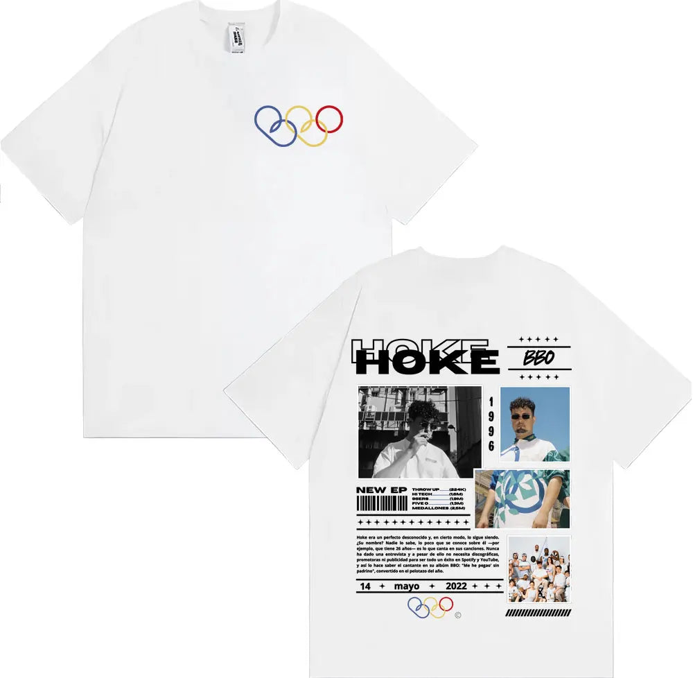 White cotton t-shirt featuring minimalist olympic rings front and detailed back print for rapper hoke bbo album clothing hip hop unisex fashion casual