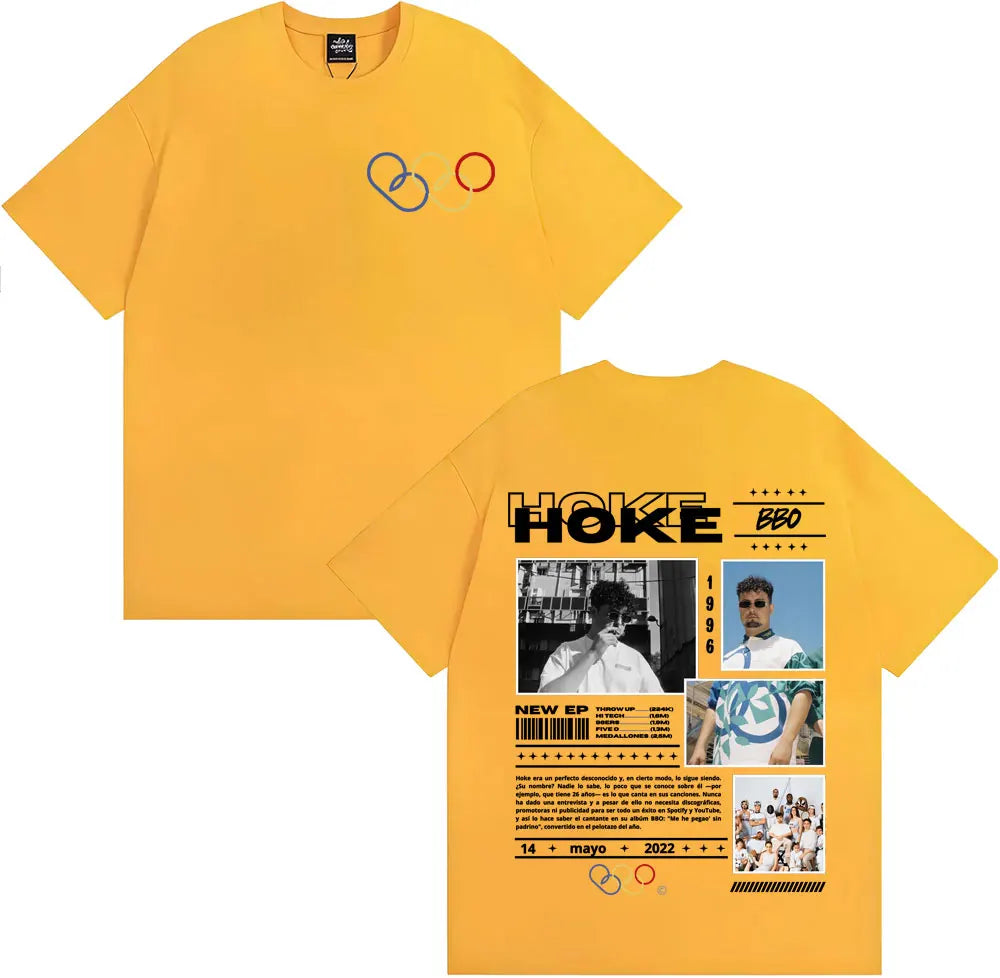 Yellow short-sleeved rapper hoke bbo album t-shirt with graphic design for unisex fashion casual clothing hip hop wear
