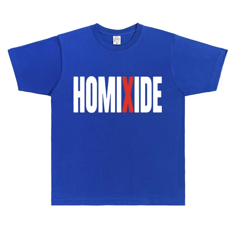 Royal blue cotton rapper homixide gang t-shirt with bold white and red homixide lettering opium merch tshirt
